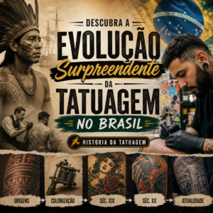 Imagem mostrando a evolução histórica e cultural da tatuagem no Brasil, destacando tendências e estilos ao longo do tempo