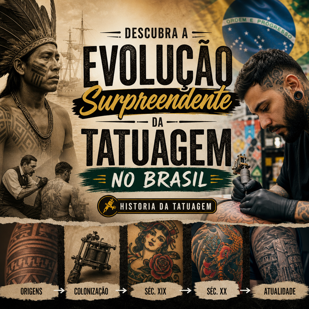 Imagem mostrando a evolução histórica e cultural da tatuagem no Brasil, destacando tendências e estilos ao longo do tempo