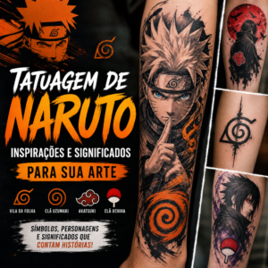 Tatuagem de Naruto com símbolos icônicos e personagens para inspirações e significados em arte corporal.