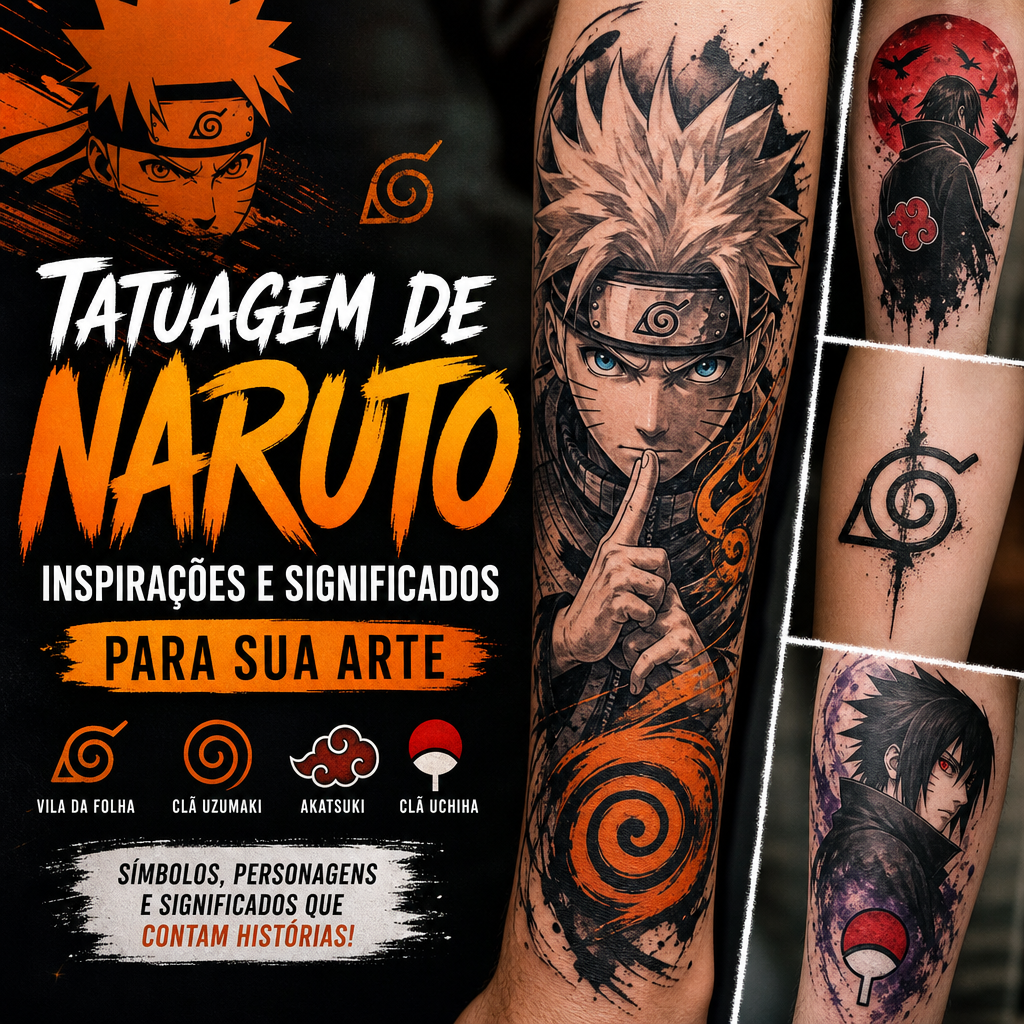 Tatuagem de Naruto com símbolos icônicos e personagens para inspirações e significados em arte corporal.