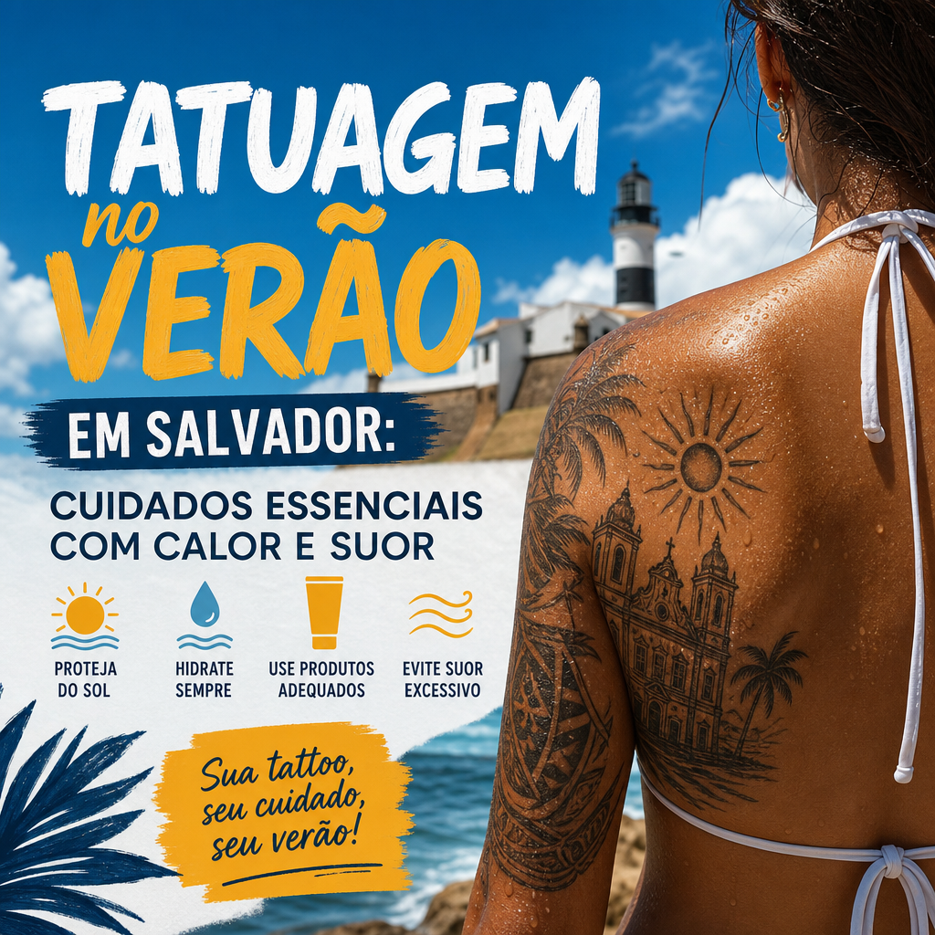 Ilustração de cuidados com tatuagem no verão em Salvador, protegendo a pele do calor e do suor.