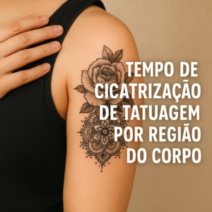 Close-up of a black and gray floral tattoo on upper arm with Portuguese text about tattoo healing time by body region.