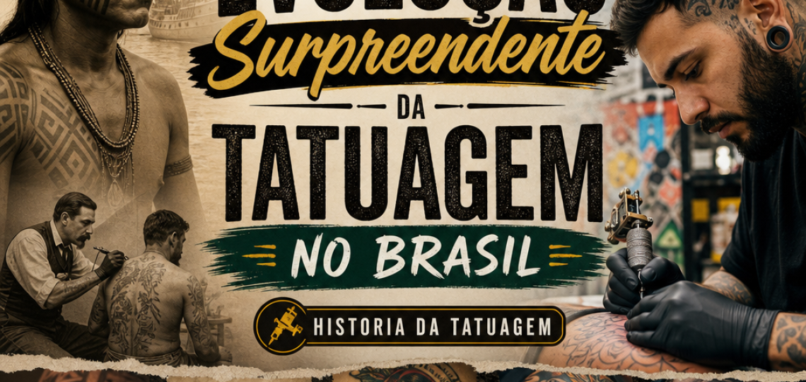 Imagem mostrando a evolução histórica e cultural da tatuagem no Brasil, destacando tendências e estilos ao longo do tempo
