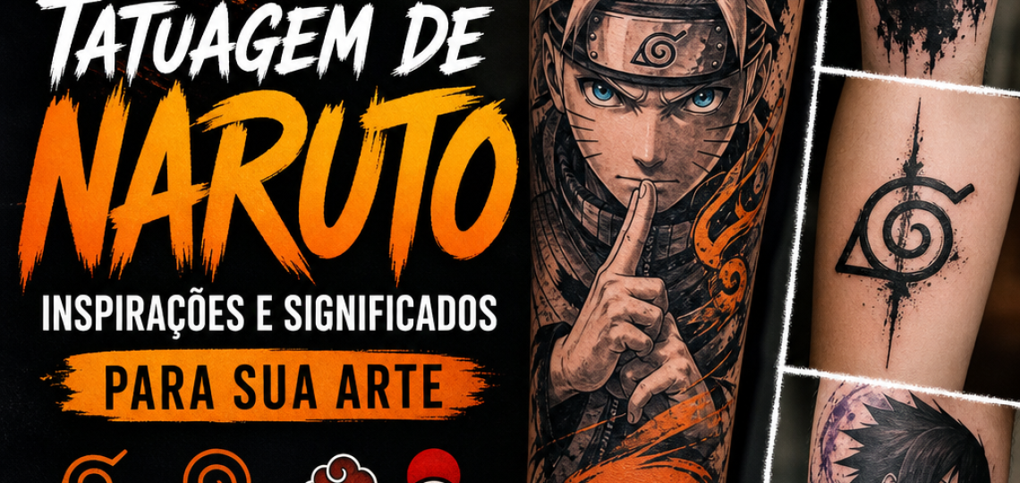 Tatuagem de Naruto com símbolos icônicos e personagens para inspirações e significados em arte corporal.