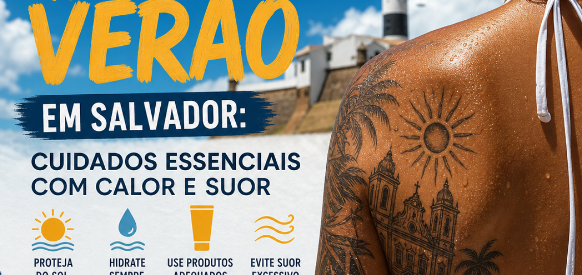 Ilustração de cuidados com tatuagem no verão em Salvador, protegendo a pele do calor e do suor.