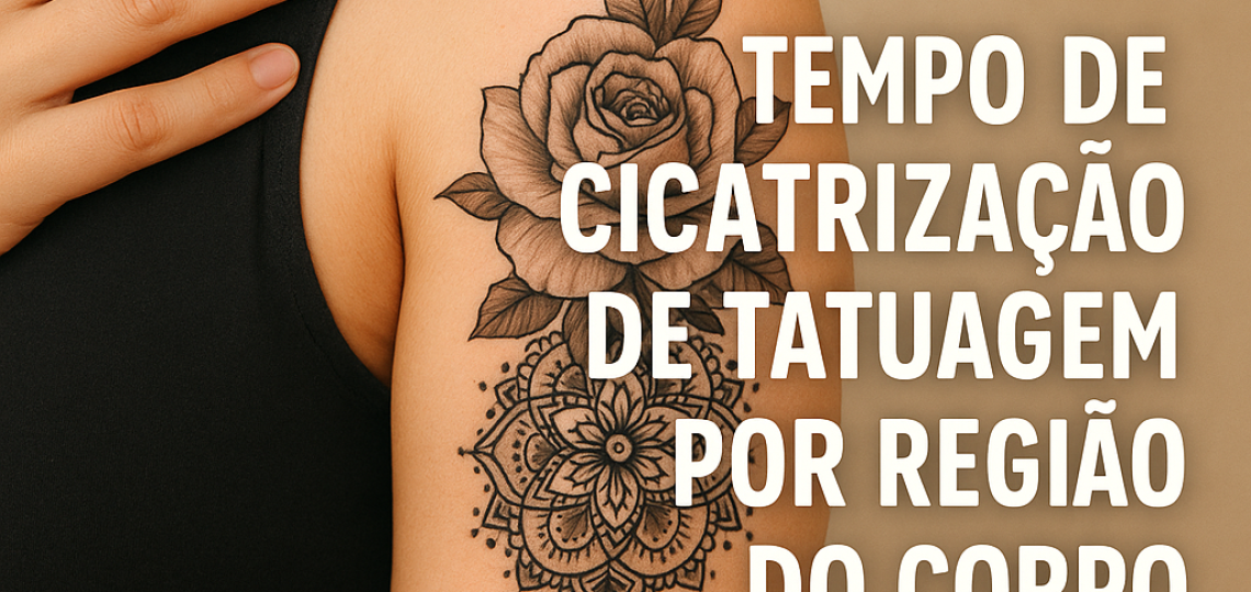 Close-up of a black and gray floral tattoo on upper arm with Portuguese text about tattoo healing time by body region.